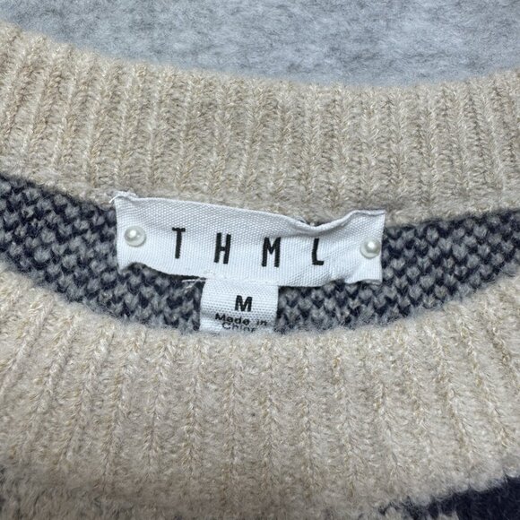 THML Anthropologie Sweater Womens Medium Animal Print Boho Blue Cream Stretch - Picture 3 of 8